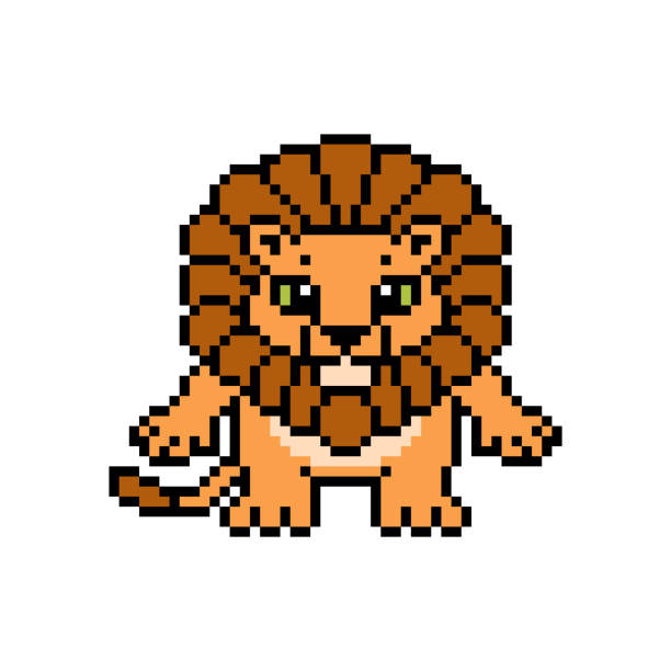 Pixel Art Lion Standing Cute Cartoon Character Isolated On White