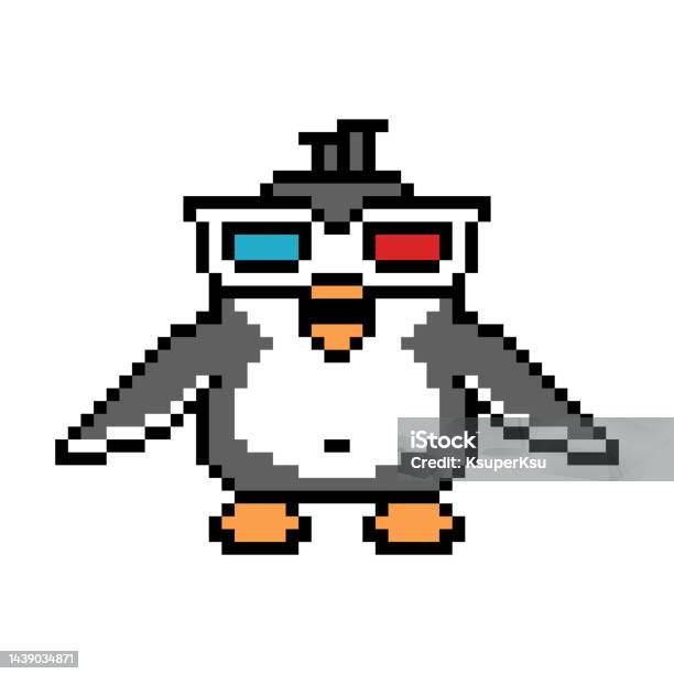 Amazed Penguin Wearing 3d Glasses In Cinema Pixel Art Animal Character  Isolated On White Background Old