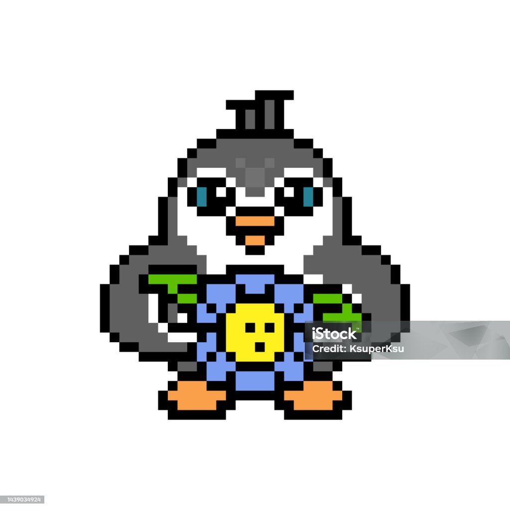 Penguin Holding A Big Blue Flower Cute Cartoon Pixel Art Animal Character  Isolated On White Background Romantic Gift Old School Retro 80s 90s 8 Bit  Slot Machine Computer 2d Video Game Graphics