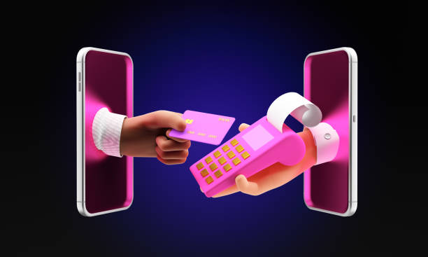 Hand holding a credit card and hand holding a POS terminal through screens mobile phones. Concept of modern selling, online shopping on the smartphone. 3d render, illustration. Pink blue neon color stock photo