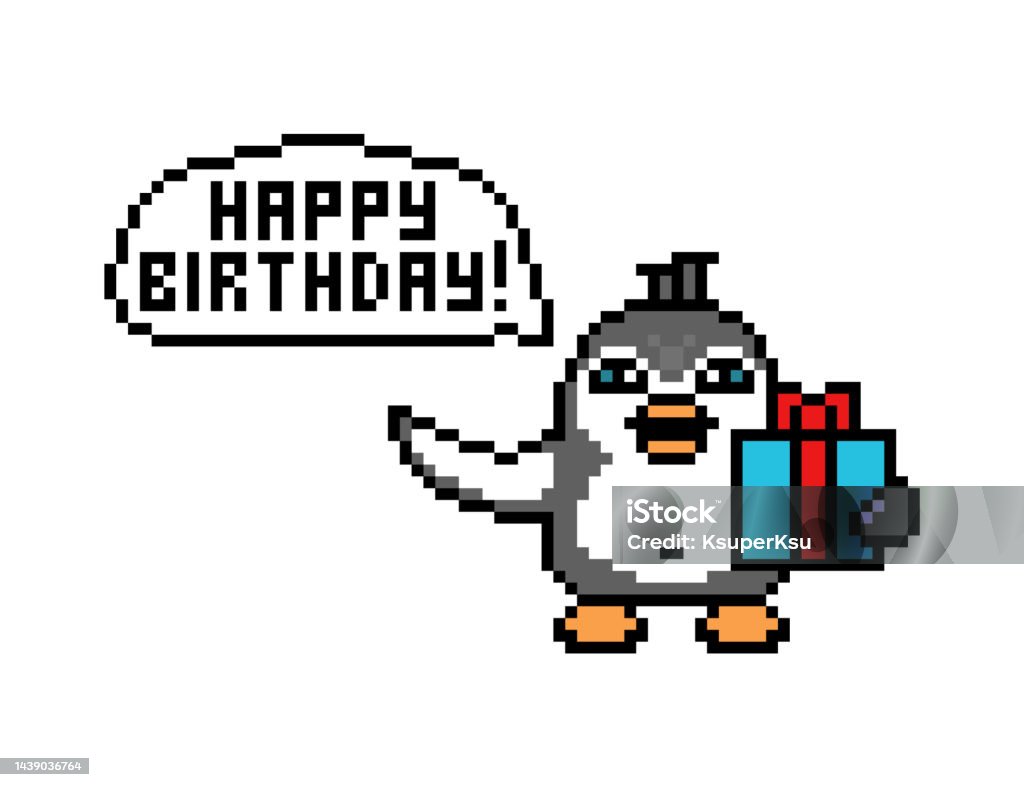 Penguin With A Gift Box Saying Happy Birthday Cute Cartoon Pixel Art Animal  Character Isolated On White Background Old School Retro 80s 90s 8 Bit Slot  Machine Video Game Graphics Stock Illustration -