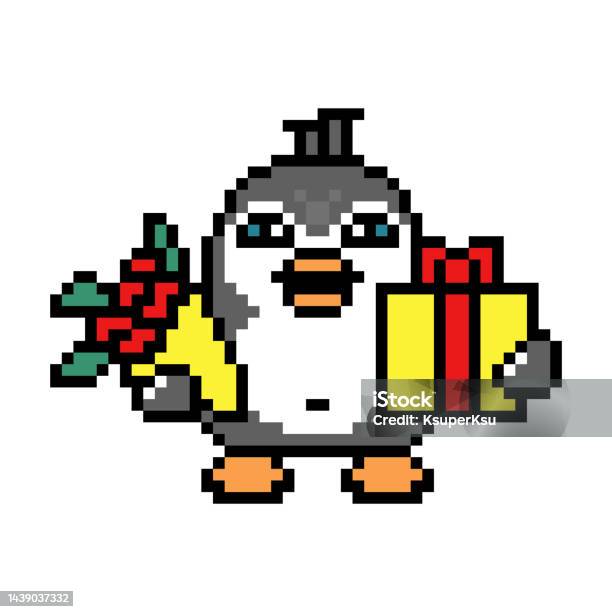 Penguin With A Bouquet Of Red Roses And Holiday Gift Box Cute Cartoon Pixel  Art Animal