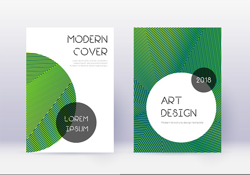 Trendy cover design template set. Green abstract lines on dark background. Gorgeous cover design. Likable catalog, poster, book template etc.