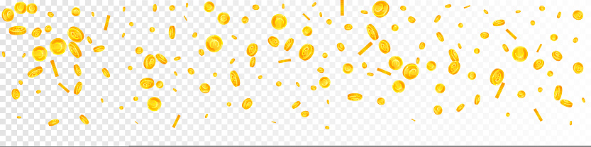 European Union Euro coins falling. Scattered gold EUR coins. Europe money. Global financial crisis concept. Panoramic vector illustration.