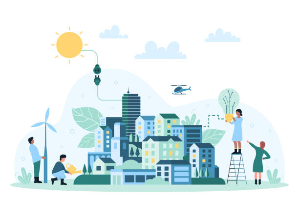 Green energy for homes of eco friendly city, minimal geometric cityscape with people Green energy for homes of eco friendly city vector illustration. Cartoon minimal geometric cityscape with solar panels and windmill, skyscrapers and park, people connect light bulb to electric system town stock illustrations