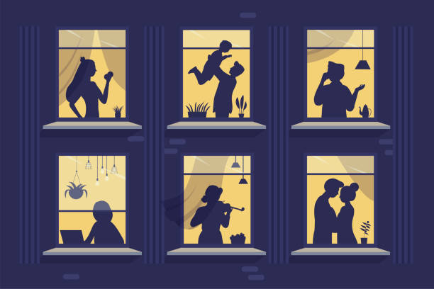 ilustraciones, imágenes clip art, dibujos animados e iconos de stock de ventanas de apartamentos caseros con siluetas de personas vecinas detrás de cortinas - violin family