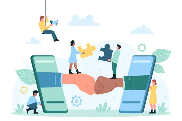 Vector illustration of Business collaboration of employees, remote teamwork, hands from phones making fist bump