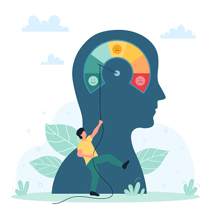 Therapy, psychology, support and coaching vector illustration. Cartoon tiny man pushing arrow of stress level meter in abstract human head to reduce emotional overload, overexertion and depression