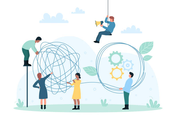 Business communication, rational thinking in problem solving, tiny people untangle chaos Business communication, rational thinking in problem solving vector illustration. Cartoon tiny people holding tangled chaotic tangle to untangle difficult and complicated task, chaos in thoughts we are experiencing technical difficulties stock illustrations