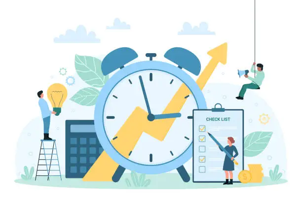 Vector illustration of Time management discipline, tiny people holding light bulb, pencil to check tasks