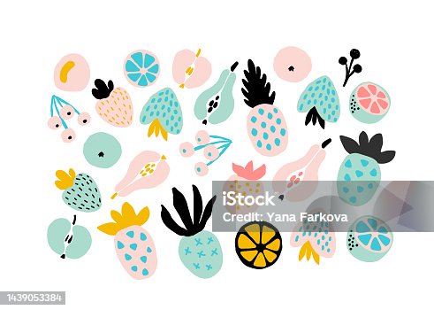 istock Abstract fruits set in contemporary style. Vector illustration strawberry, cherry, pineapple, apple, pear, orange. Trendy shapes exotic fruits.Botanical mix, collage art. Isolated on white background 1439053384