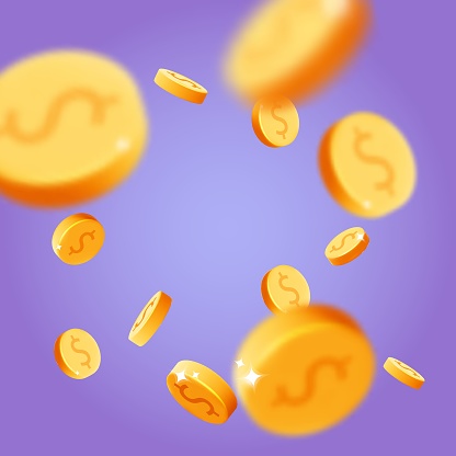 3d vector cartoon render money rain poster design. Floating, falling and flying gold dollar coins explosion poster illustration on purple background. Casino, jackpot, investment concept.