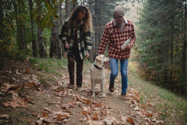 istock A couple in love enjoy exploring the forest with their dog 1439053663