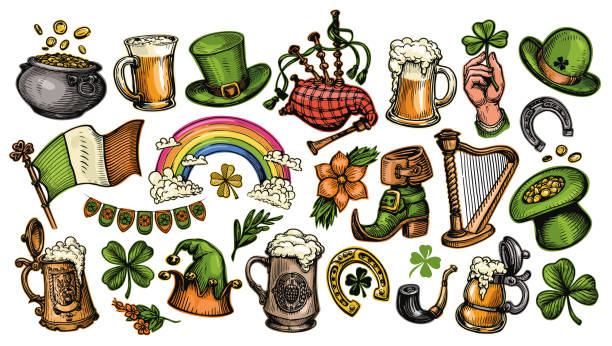 ilustraciones, imágenes clip art, dibujos animados e iconos de stock de colección de símbolos o insignias del día de patricks. elementos de escenografía para la decoración navideña irlandesa. ilustración vectorial en color - gaitero