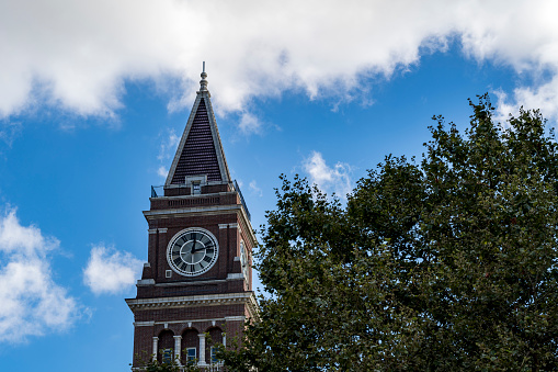 Seattle, WA USA - September 5, 2022: An Old Clock Tower at King Street Train Station.