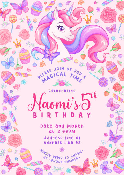 Unicorn party birthday invitation with flowers, butterflies and candies. Vector template on pink background. Unicorn party birthday invitation template with flowers, butterflies and candies. Vector illustration on pink background. Full size objects under the clipping mask. Unicorn stock illustrations