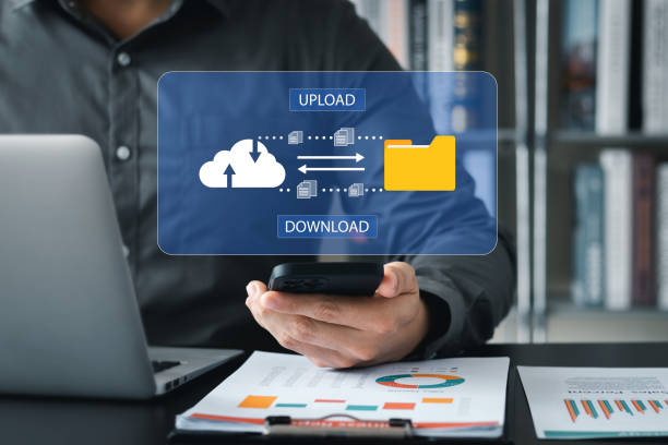 Cloud computing and online storage technologies, cloud computing and communications, connection to Internet server services for data transfer and data management. stock photo