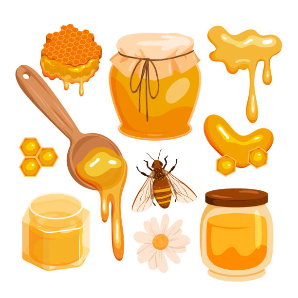 Bee honey set, gold drops of organic sweet liquid flow from hexagon honeycomb and spoon Bee honey set vector illustration. Cartoon isolated gold drops of organic sweet liquid flow from hexagon honeycomb and spoon to jar, splash of healthy natural honey from apiary, honeybee and flower beehive hairstyle stock illustrations