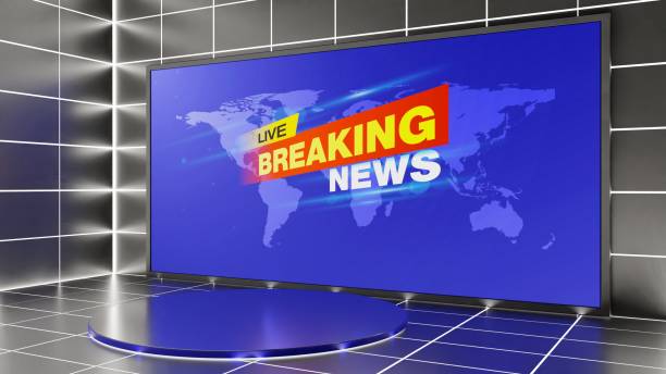 istock stand and leds screen background in the news studio room.3d rendering. 1439094100