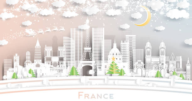 France City Skyline in Paper Cut Style with Snowflakes, Moon and Neon Garland. France City Skyline in Paper Cut Style with Snowflakes, Moon and Neon Garland. Vector Illustration. Christmas and New Year Concept. Santa Claus on Sleigh. France Cityscape with Landmarks. eiffel tower winter stock illustrations