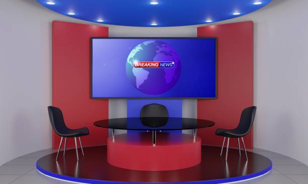 istock glass table and lcd background in the news studio room.3d rendering. 1439097040