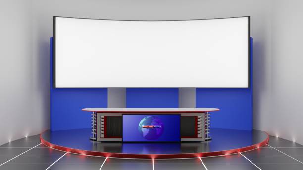 istock white table and led screen background in the news studio room.3d rendering. 1439097422