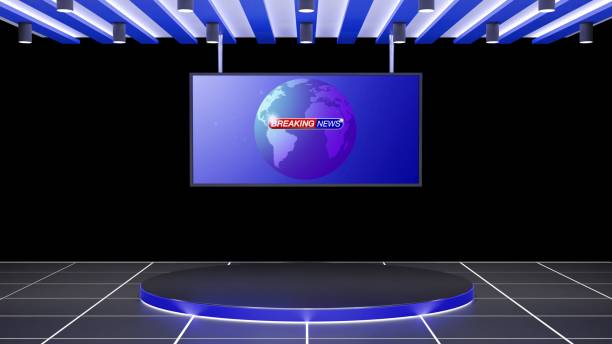 istock stand and lcd background in the news studio room.3d rendering. 1439097767