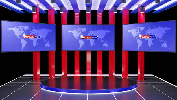 istock stand and lcd background in the news studio room.3d rendering. 1439098090