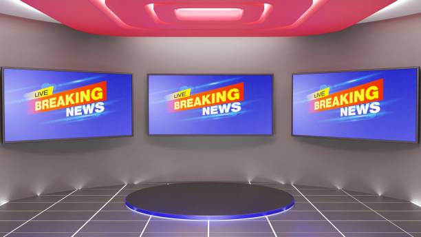 istock stand with led screen background in the news studio room.3d rendering. 1439098095