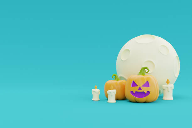 istock Happy Halloween with Jack-o-Lantern pumpkin character under the moon, 3d rendering. 1439099712
