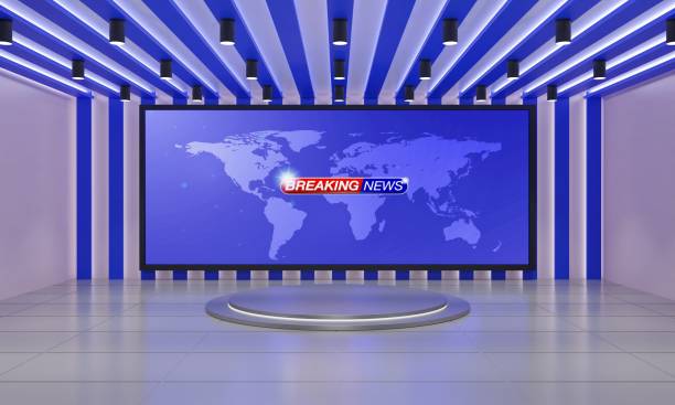 istock stand and lcd background in the news studio room.3d rendering. 1439100659