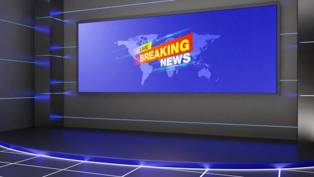 istock stand and leds screen background in the news studio room.3d rendering. 1439100664