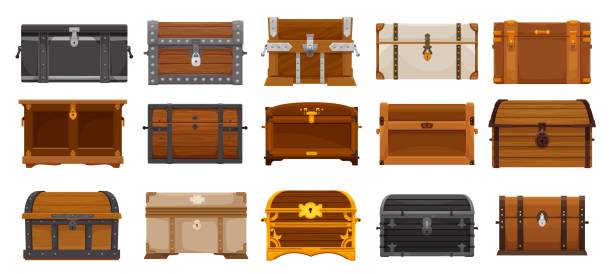 cartoon chest boxes, wooden treasure trunks set - chest 幅插畫檔、美工圖案、卡通及圖標