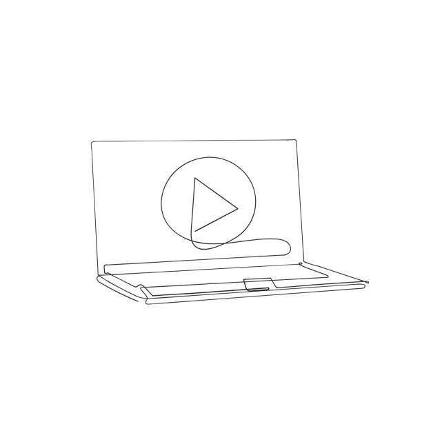 непрерывный линейный рисунок ноутбука с кнопкой воспроизведения символа иллюстрации вектора - buttoning stock illustrations