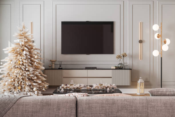 istock Modern Living Room Interior With Christmas Tree, Ornaments, Gift Boxes, Sofa And Lcd Tv Set 1439108324