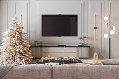 Modern Living Room Interior With Christmas Tree, Ornaments, Gift Boxes, Sofa And Lcd Tv Set