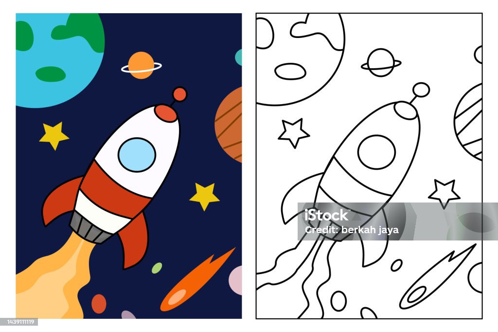 Ilustración de Dibujo De Simple Rocket En Espacio Para Colorear Para Niños  Dibujando Educación Ilustración De Dibujos Animados Simple En Tema De  Fantasía Para Libro Para Colorear y más Vectores Libres de