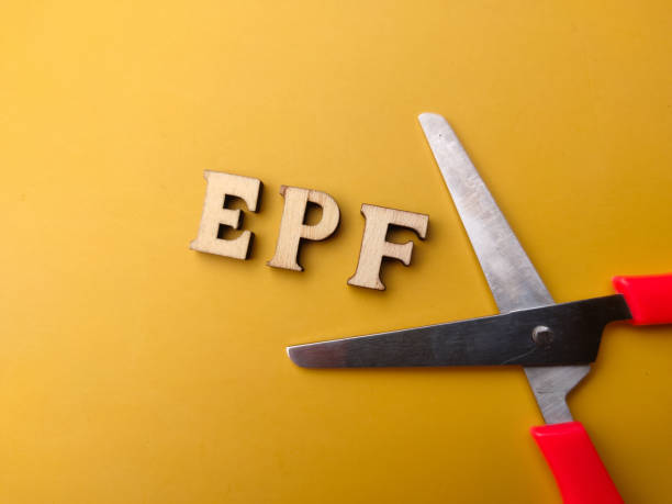 istock Scissors and wooden word with text EPF on a yellow background. 1439112216