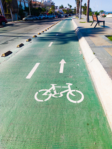 Bike path reserved for cyclists on the side of a road. Bicycle painted in white on green band