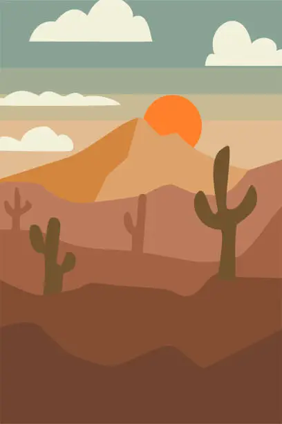 Vector illustration of Landscape desert with sunset illustration in flat design style