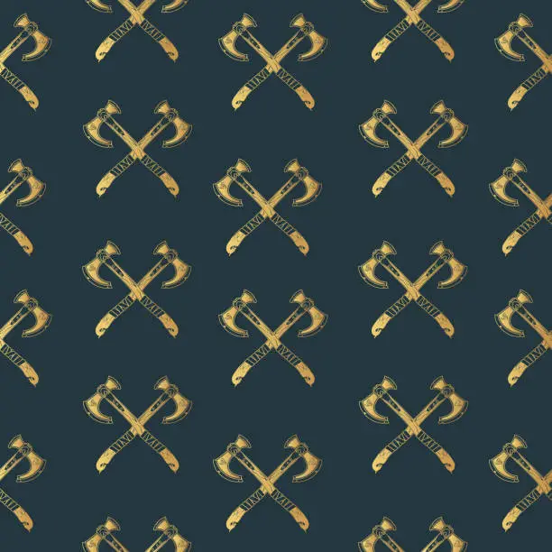 Vector illustration of Golden crossed Viking Axes seamless pattern. Hand drawn vector illustration for backgrounds, textile and wrapping.