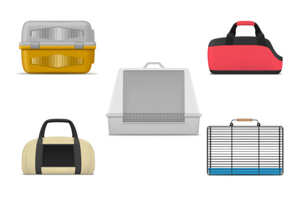 Portable domestic animal cages comfortable carrying set realistic vector illustration Portable domestic animal cages comfortable carrying set realistic vector illustration. Empty pet carriers transportation container metallic plastic and textile with handles. Veterinary case accessory transportation cage stock illustrations