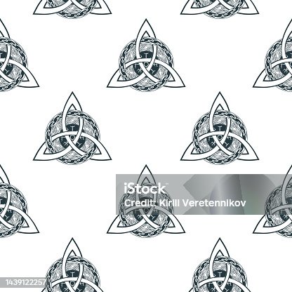 istock Celtic knot triquetra seamless pattern. Hand drawn vector illustration for backgrounds, textile and wrapping. 1439122257