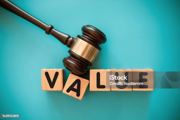 Gavel And Wood Block With Value Stock Photo - Download Image Now - Alphabet, Aspirations, Backgrounds