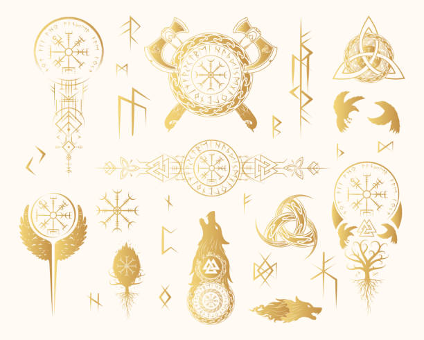 Viking runes and symbols golden collection.Hand drawn isolated set of  pagan norse sign vegvisir, fenrir, celtic tree of life, viking weapons. Scandinavian vector illustration. Viking runes and symbols golden collection.Hand drawn isolated set of  pagan norse sign vegvisir, fenrir, celtic tree of life, viking weapons. Scandinavian vector illustration. celtic knot animals stock illustrations