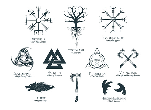 Viking symbols isolated set. Magic collection of scandinavian  signs vegvisir, wolf, celtic tree of life, viking weapons. Vector illustration for  tattoo, print and t-shirt design.