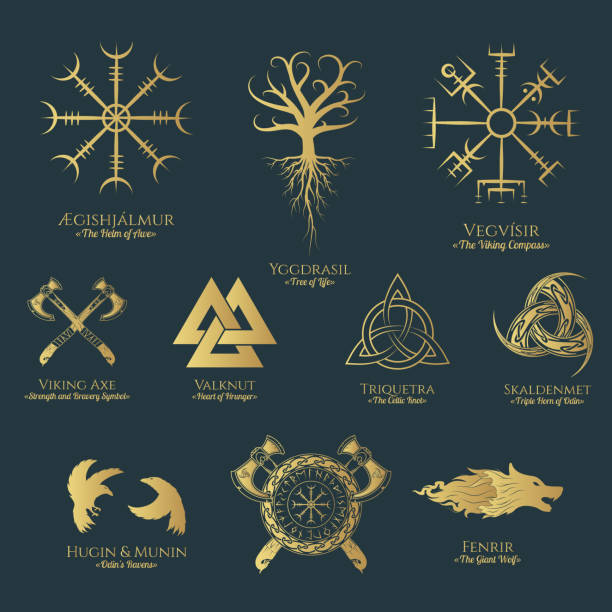 Viking symbols isolated set. Golden collection of Scandinavian signs vegvisir, Fenrir, yggdrasil, viking axe. Vector illustration for  print and t-shirt design. Viking symbols isolated set. Golden collection of Scandinavian signs vegvisir, Fenrir, yggdrasil, viking axe. Vector illustration for  print and t-shirt design. celtic knot animals stock illustrations