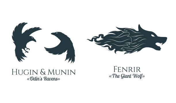 Viking symbols the Giant wolf and Odin's Ravens. Two isolated scandinavian vector illustration for  tattoo, print and t-shirt design. Viking symbols the Giant wolf and Odin's Ravens. Two isolated scandinavian vector illustration for  tattoo, print and t-shirt design. celtic knot animals stock illustrations