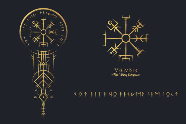 Golden Viking symbols of vegvisir and runes  on black background. Vector illustration, pagan norse design. vector art illustration