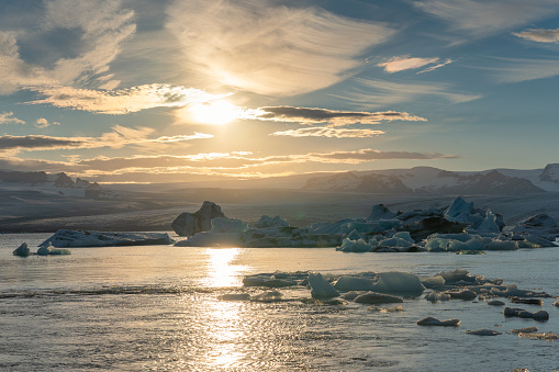 Beautiful Jokulsarlon glacier lagoon with iceberg melting in the sunset at Vatnajokull national park, Iceland